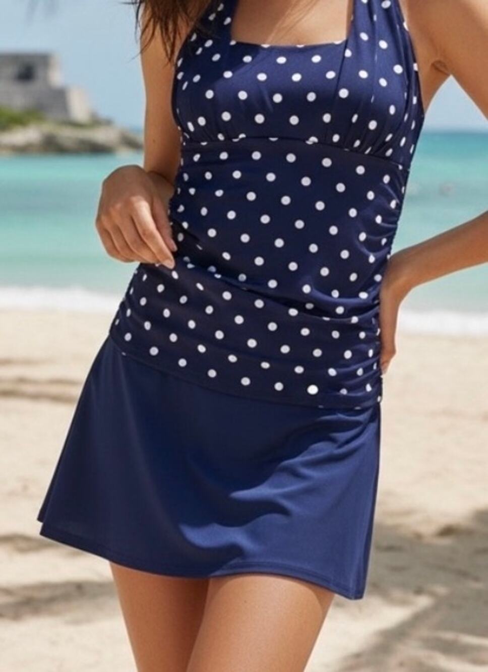 Lands End Tankini Skirt Swim Suit size 12 Navy and White Polka Dots